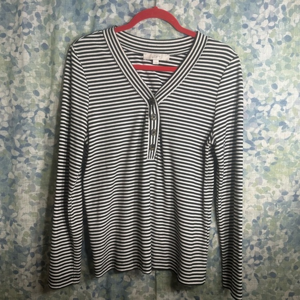 LOFT Black Shimmer Stripe Long Sleeve Henley Top L